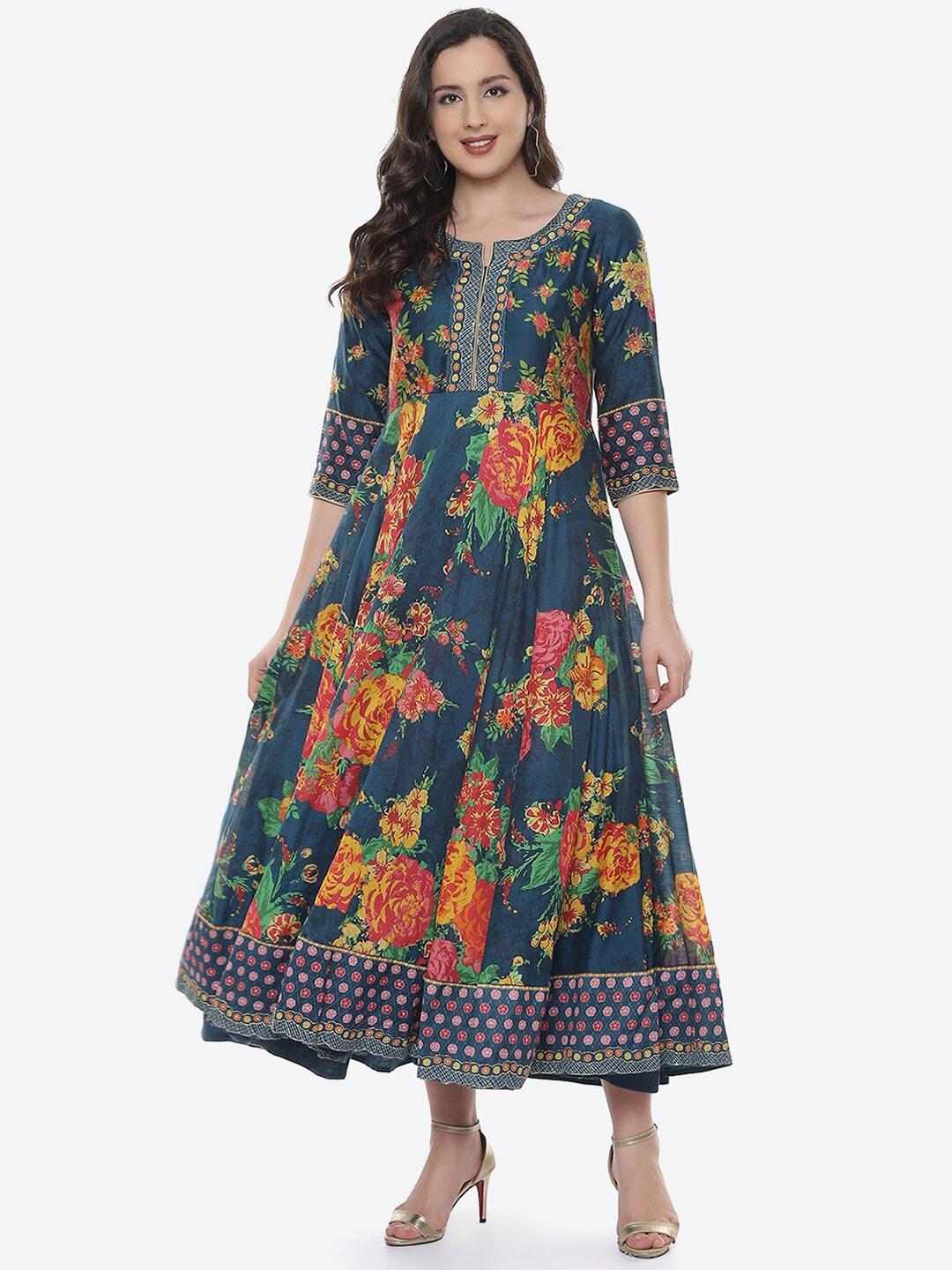 biba teal blue & yellow floral ethnic cotton fit & flare midi dress