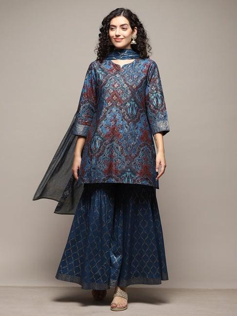 biba teal blue cotton printed kurti sharara set with dupatta