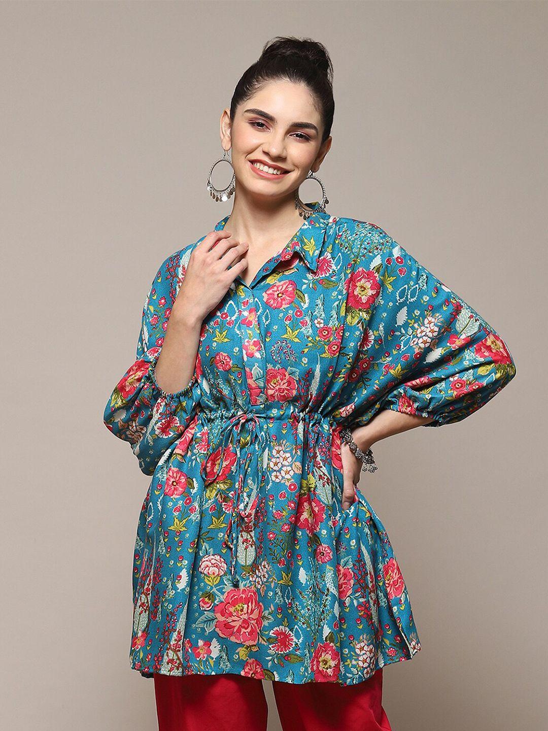 biba teal floral printed shirt collar puff sleeves longline kaftan top