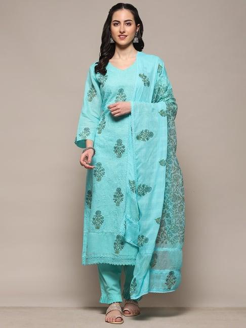 biba turquoise cotton embroidered unstitched dress material