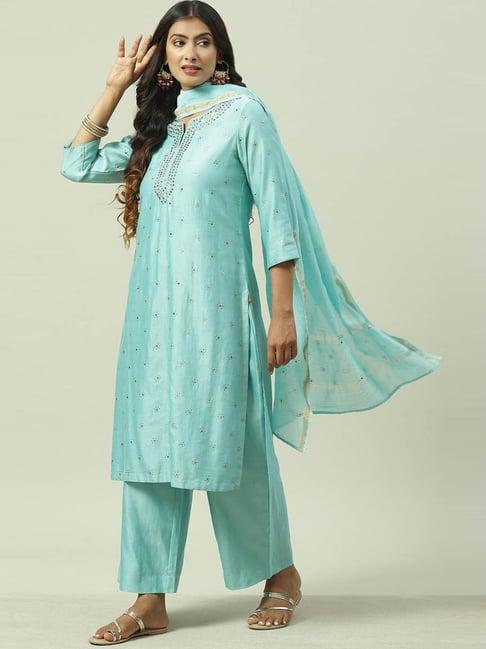 biba turquoise embellished kurta palazzo set with dupatta