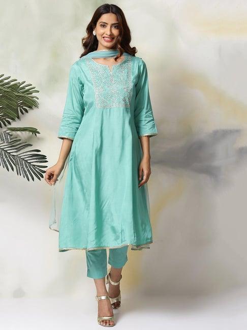 biba turquoise embroidered kurta with pant & dupatta