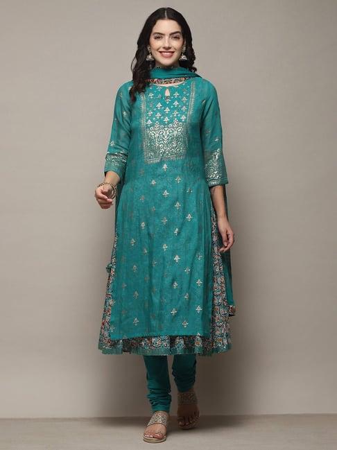 biba turquoise woven pattern kurta churidar set with dupatta