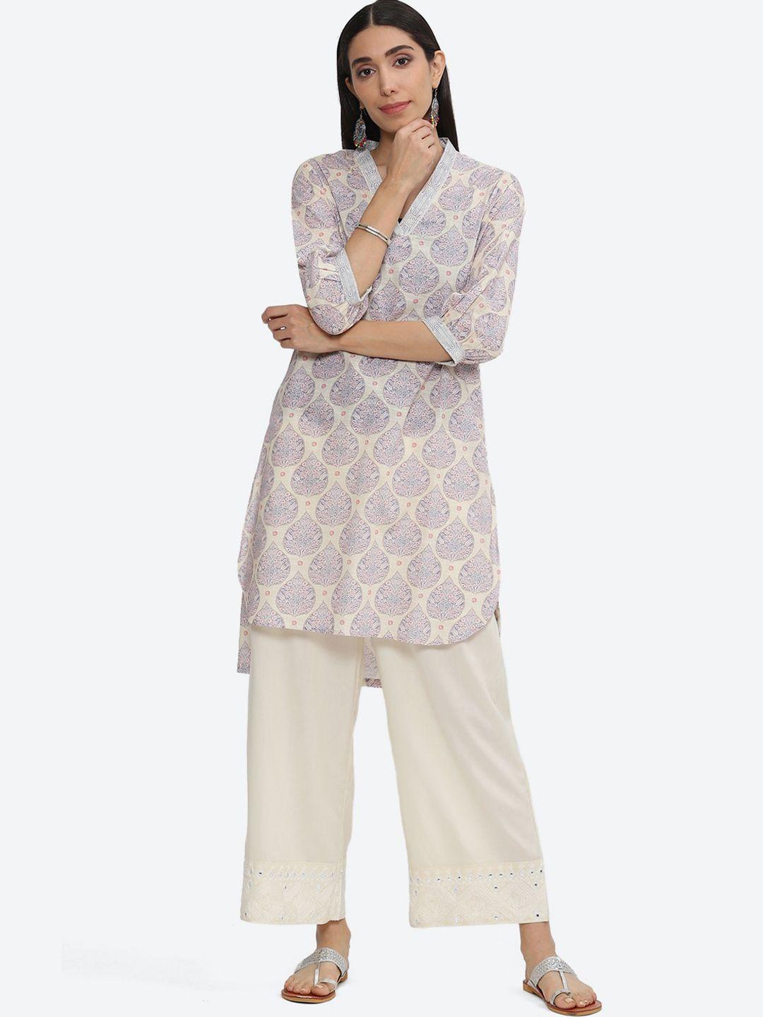 biba v-neck ethnic motifs printed pure cotton kurta