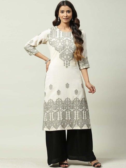 biba white & black cotton printed kurti