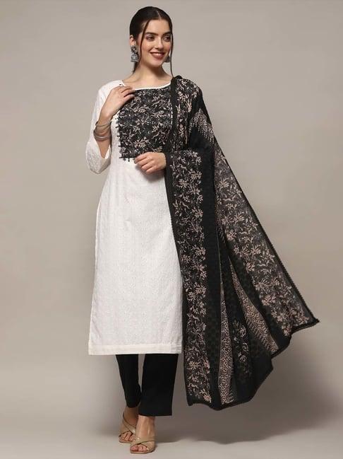 biba white & black cotton printed unstitched dress material