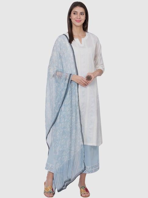 biba white & blue cotton embroidered kurta palazzo set with dupatta