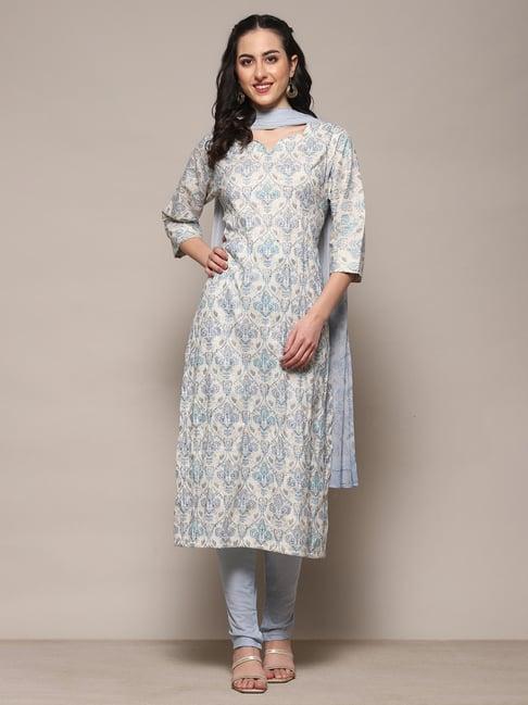 biba white & blue cotton printed unstitched dress material