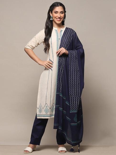 biba white & dark blue embroidered unstitched dress material