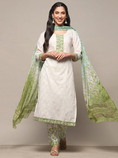 biba white & green printed unstitched dress material