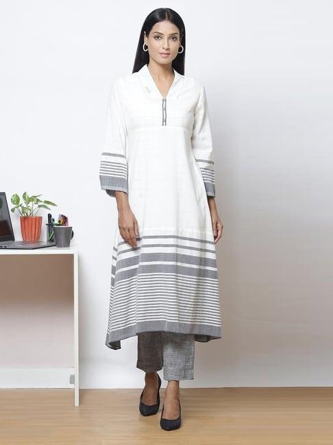 biba white & grey cotton printed kurta pant set