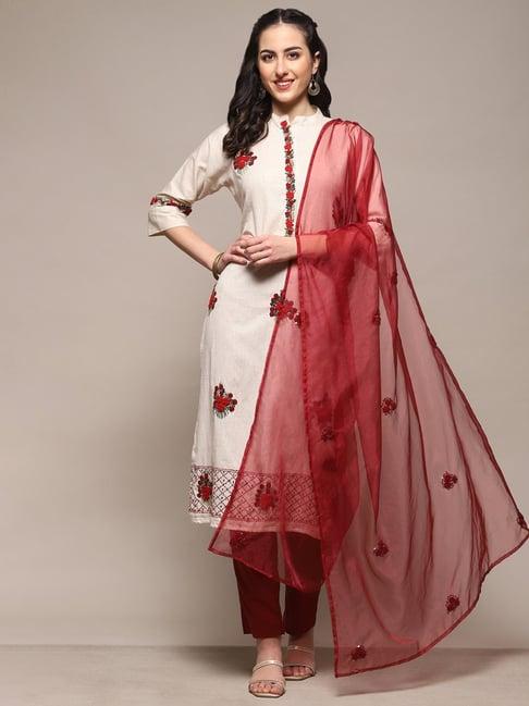 biba white & maroon cotton embroidered unstitched dress material