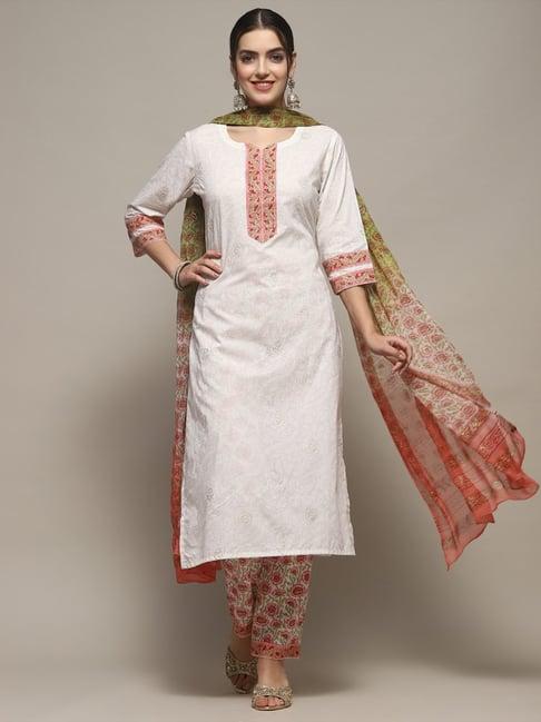 biba white & pink cotton printed unstitched suit set