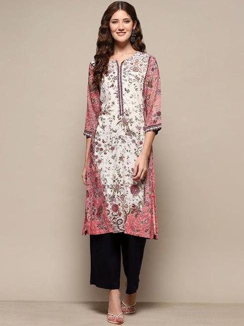 biba white & pink floral print straight kurta