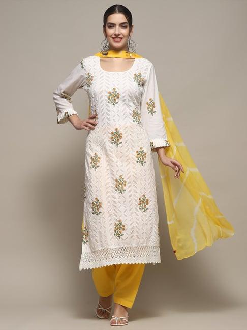 biba white & yellow cotton printed unstitched suit set