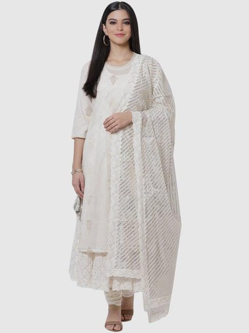 biba white woven pattern kurta churidar set with dupatta