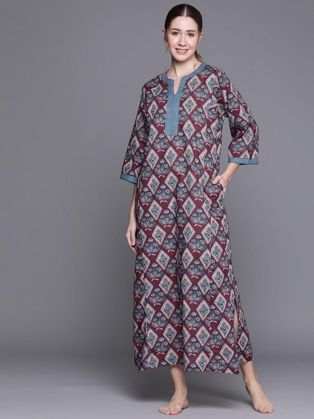 biba women's maroon geometrical printed maxi night dress