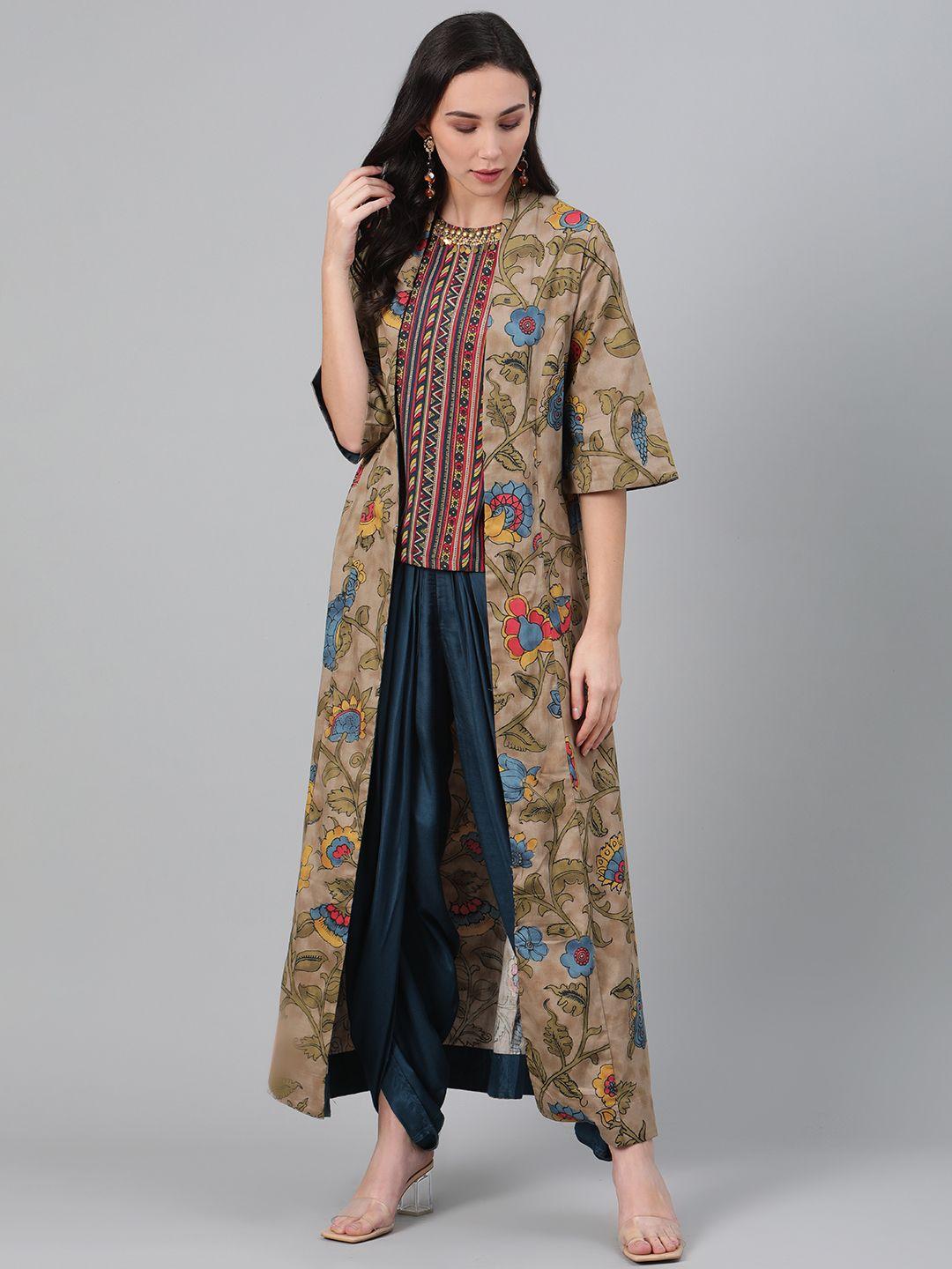 biba women beige & teal blue printed top with dhoti pants & ethnic jacket