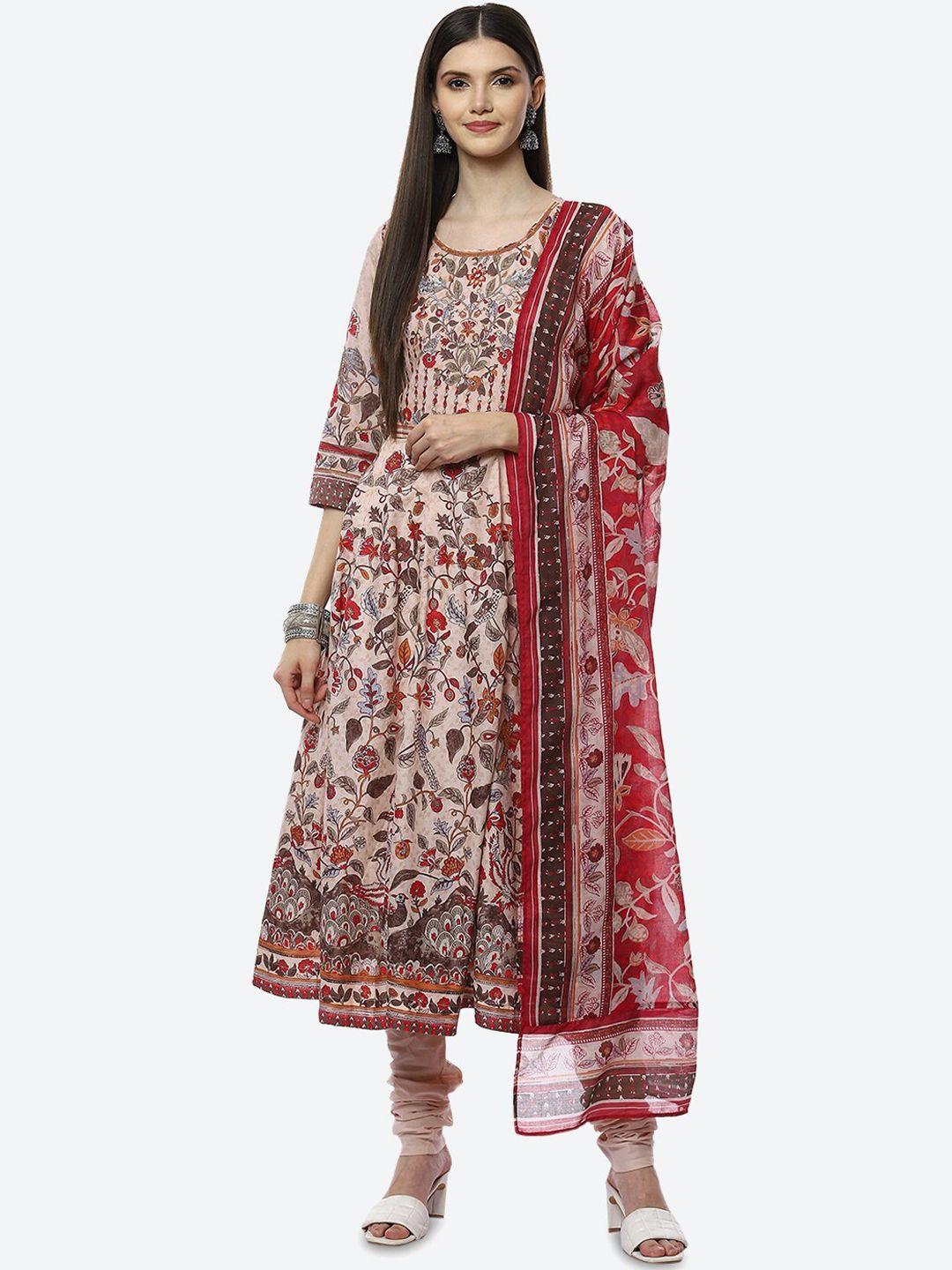 biba women beige floral printed panelled kurti with churidar & with dupatta