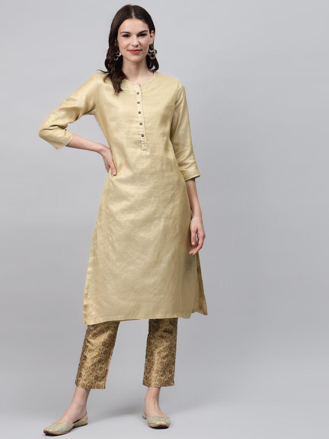 biba women beige solid kurta with brocade trousers