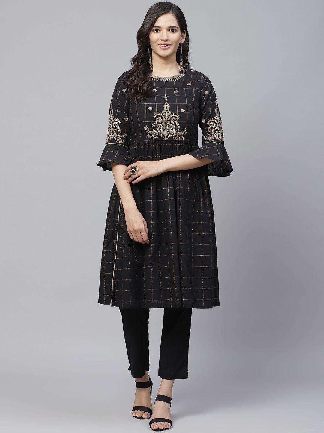 biba women black & golden checked kurta with trousers