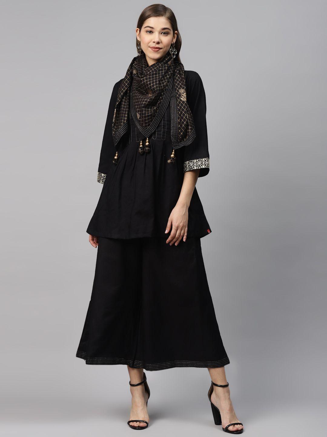 biba women black & golden pleated yoke design kurti with palazzos & stoles