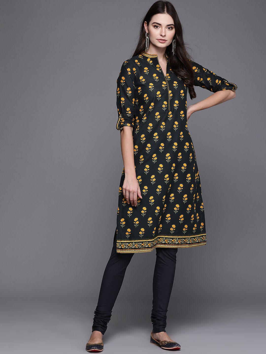 biba women black & mustard yellow pure cotton printed kurta with churidar