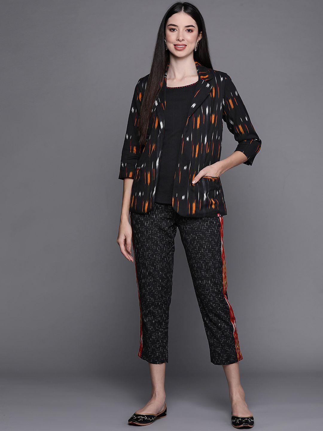 biba women black & orange ikat print top with trousers & jacket