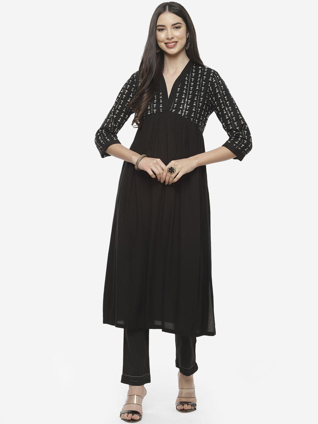 biba women black & white printed pleated kurta with salwar