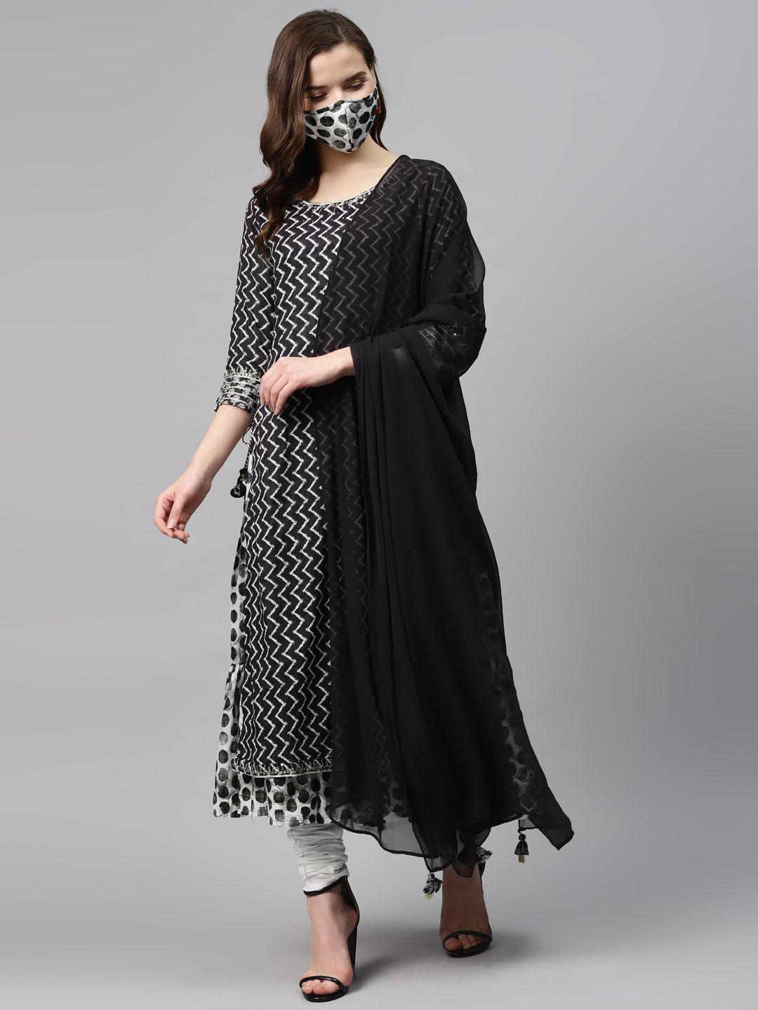 biba women black  white printed pure cotton layered kurta set with dupatta