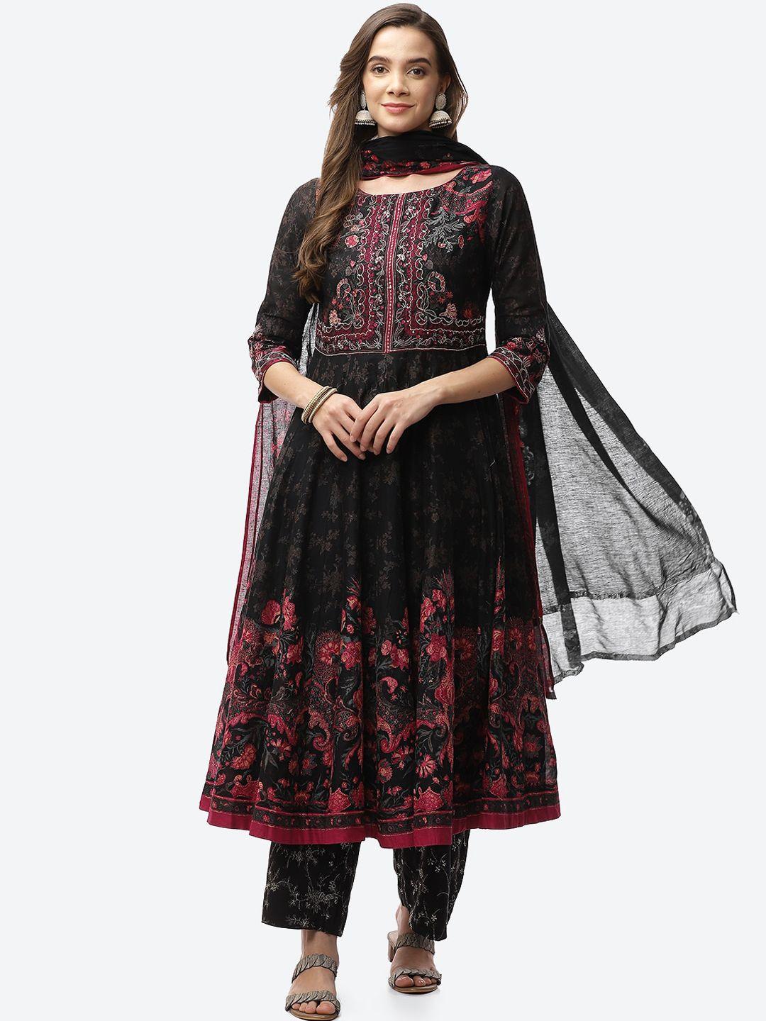 biba women black ethnic motifs printed empire kurta with trousers & with dupatta