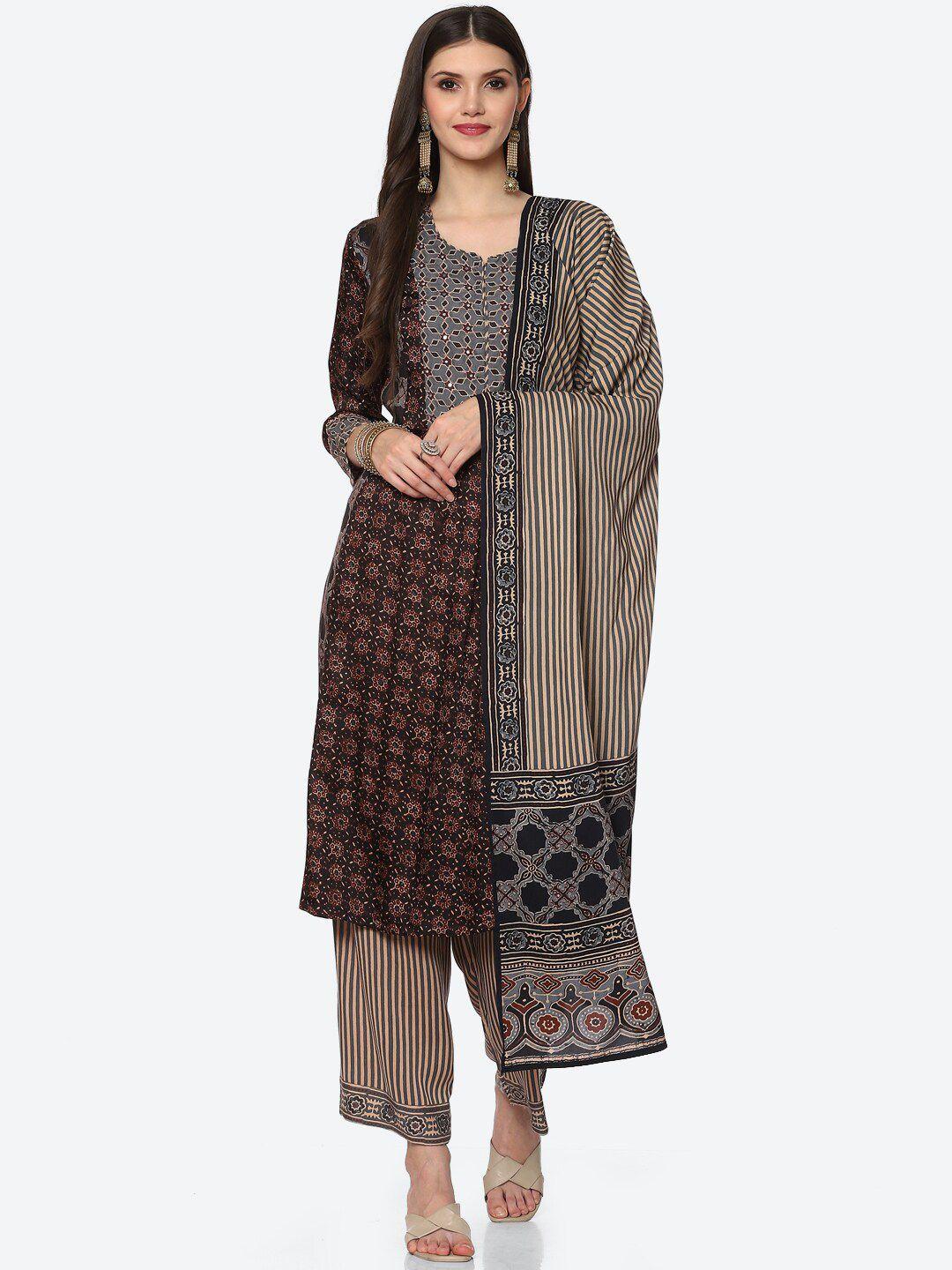 biba women black ethnic motifs printed kurta with palazzos & with dupatta