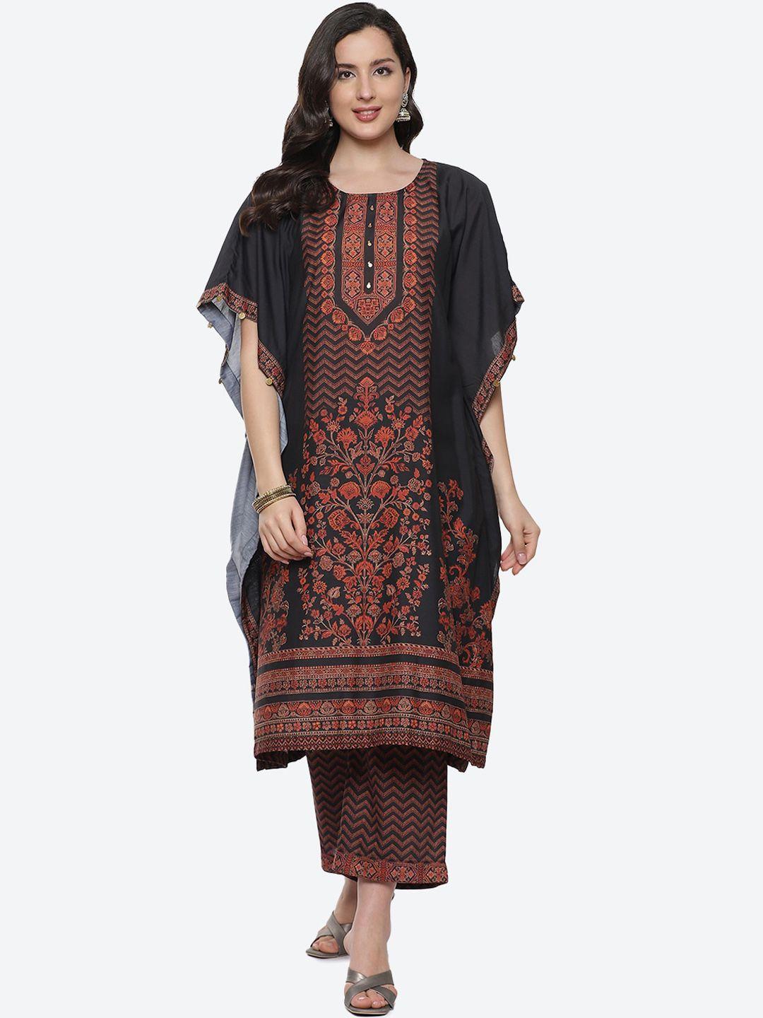 biba women black ethnic motifs printed kurta with trousers