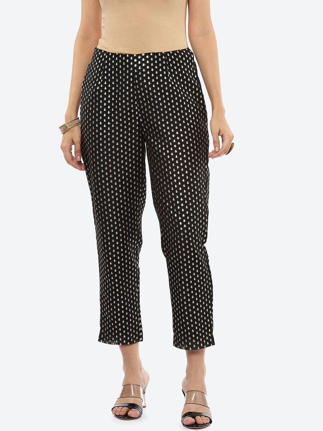 biba women black ethnic motifs printed smart slim fit high-rise trousers