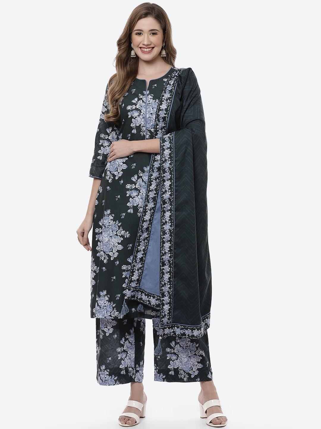 biba women black floral printed pure cotton kurta with palazzos & with dupatta