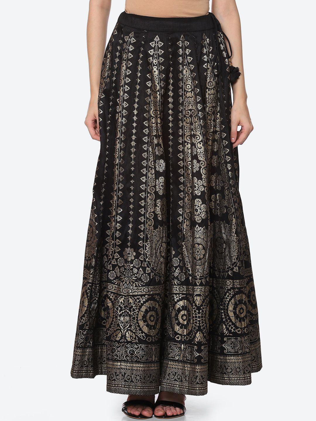 biba women black printed flared maxi skirt