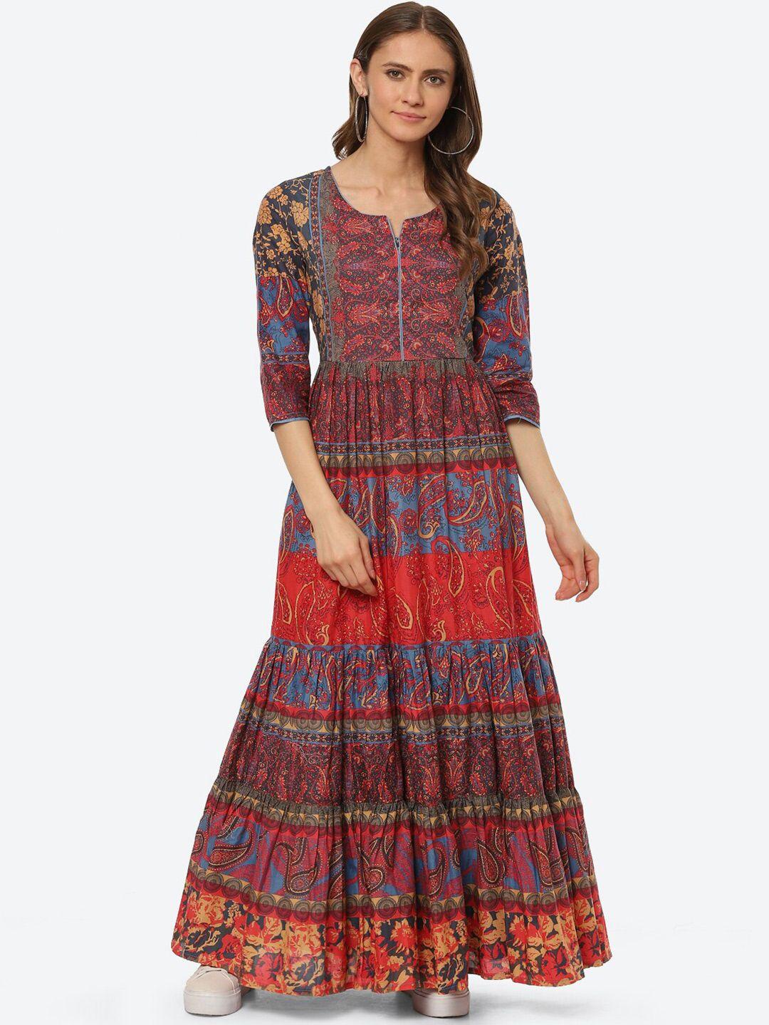 biba women blue& red ethnic motifs cotton maxi ethnic dresses