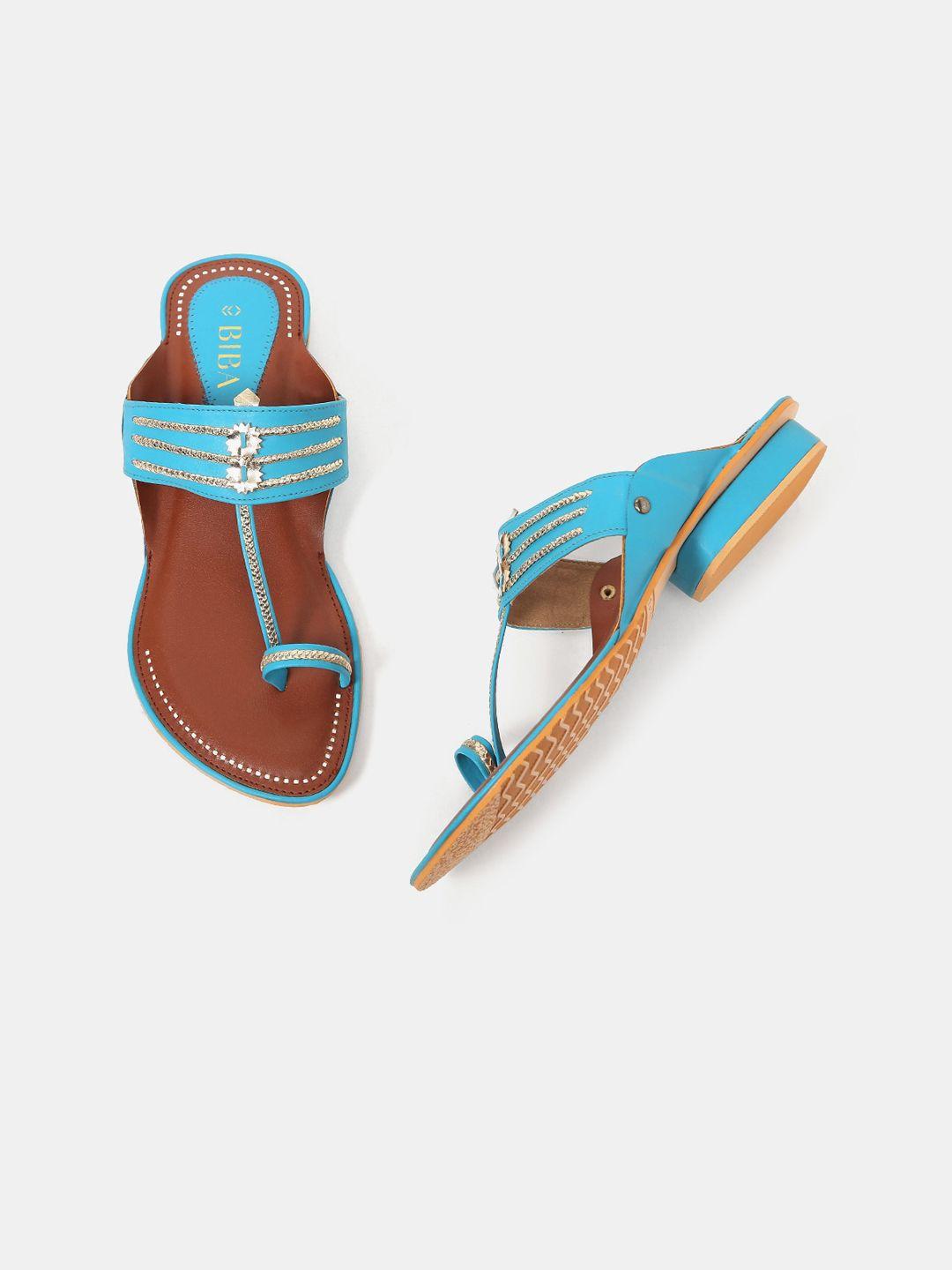 biba women blue & brown colourblocked one toe flats