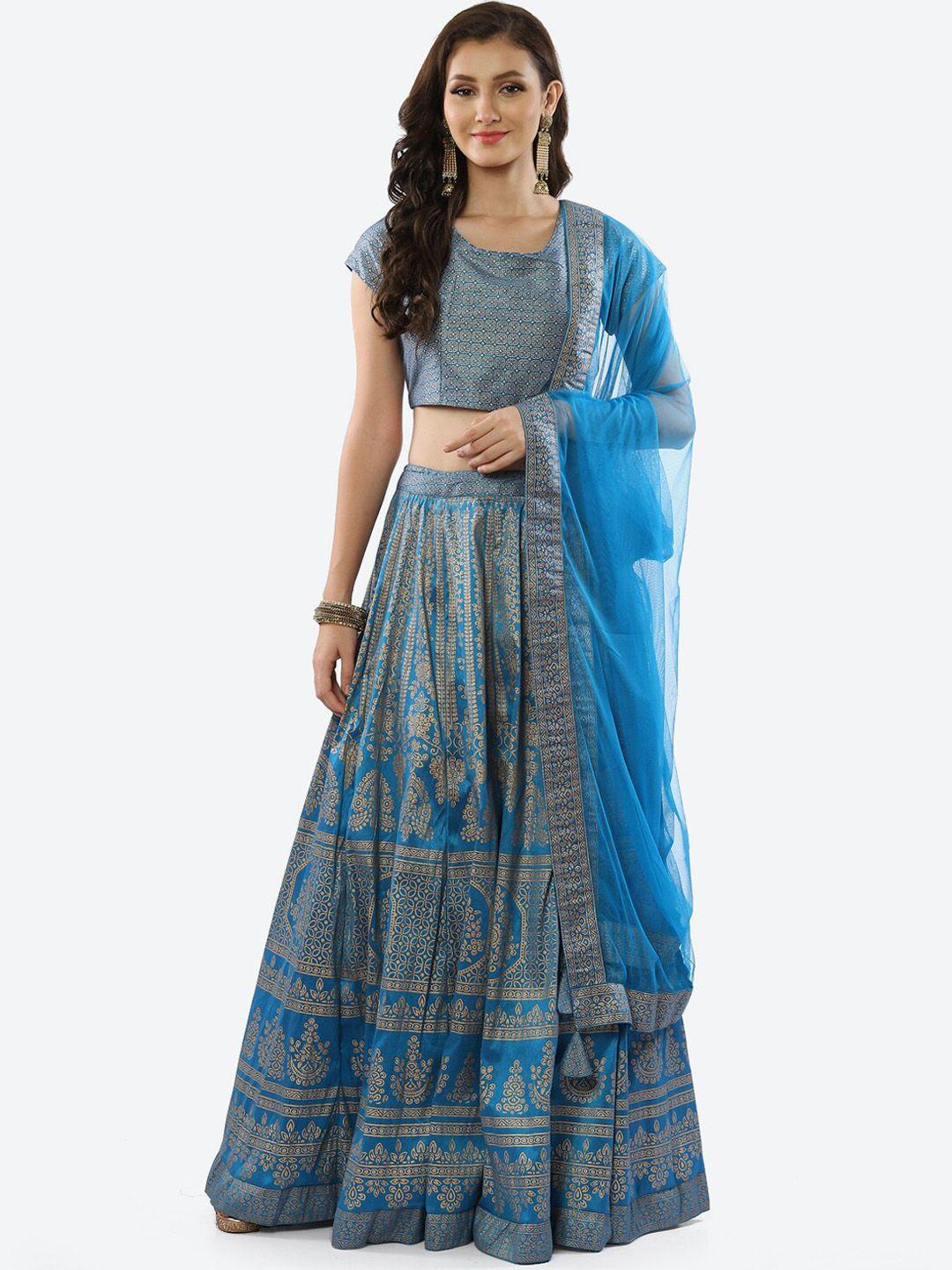 biba women blue & gold printed ready to wear lehenga & blouse with dupatta