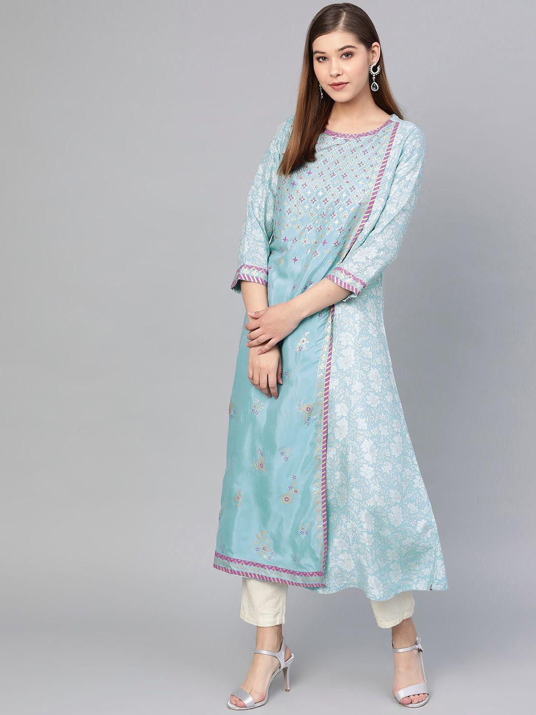 biba women blue & golden floral khari print layered a-line kurta