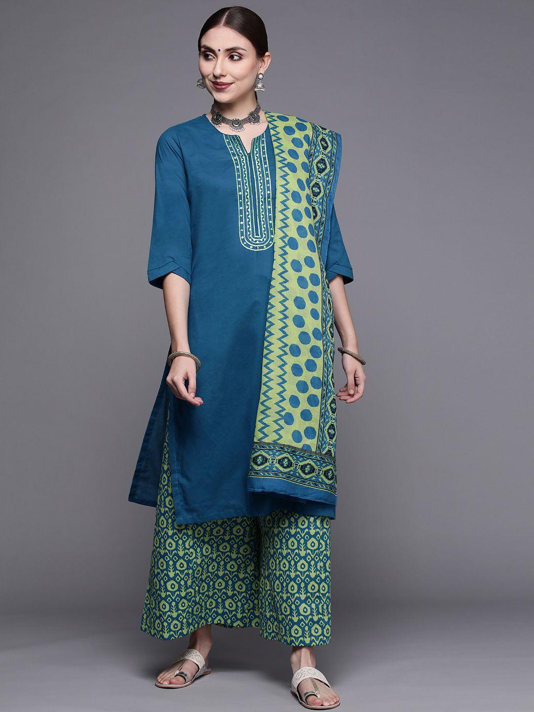 biba women blue & green yoke design pure cotton kurta with palazzos & dupatta