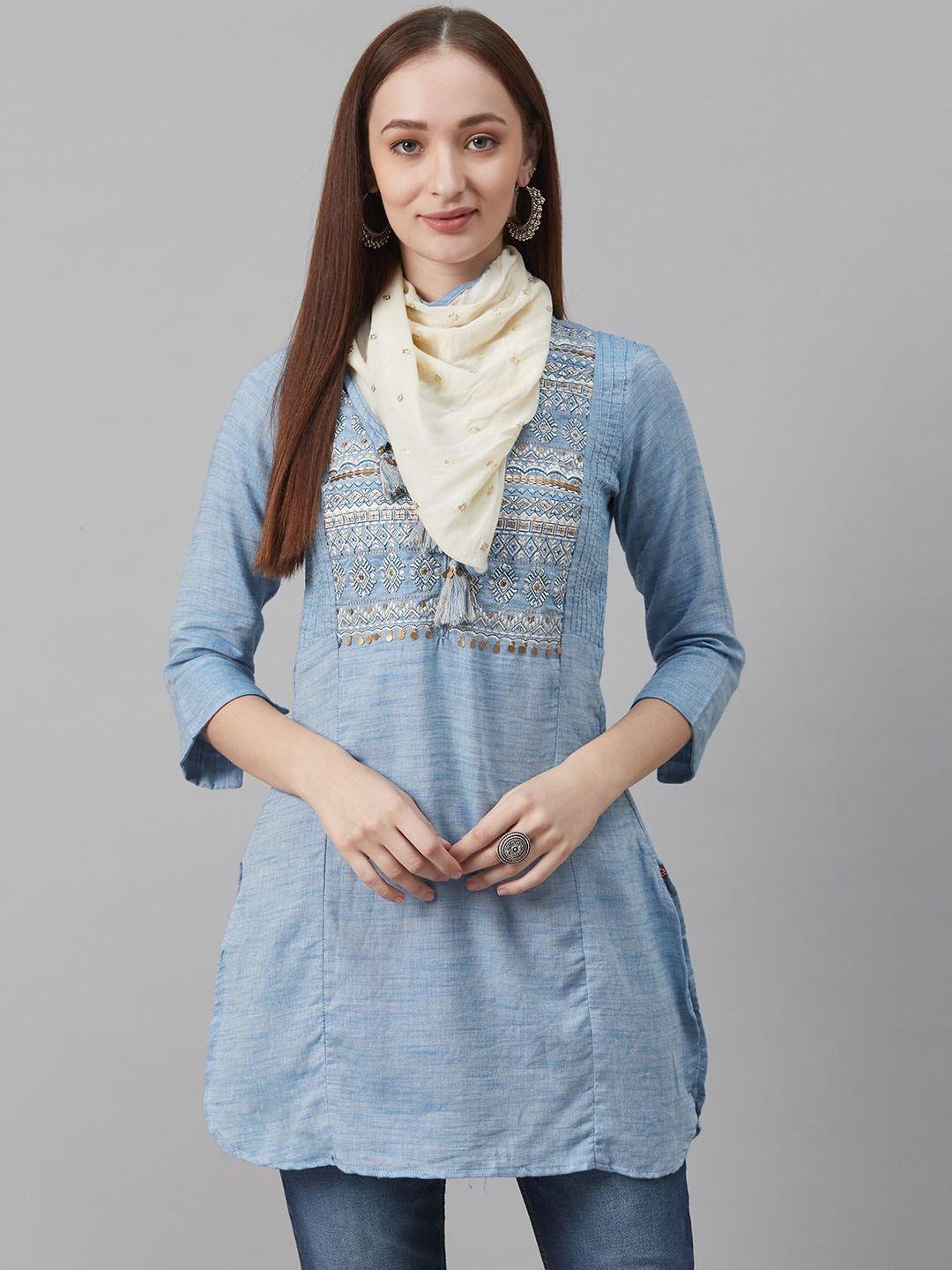 biba women blue & white embroidered pure cotton sequinned kurti with scarf