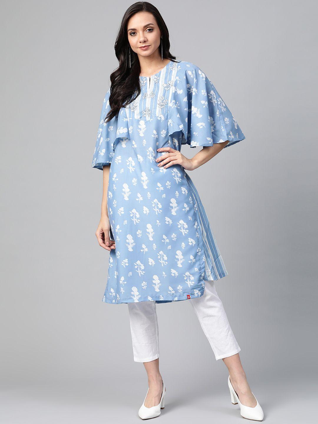 biba women blue & white printed a-line kurta