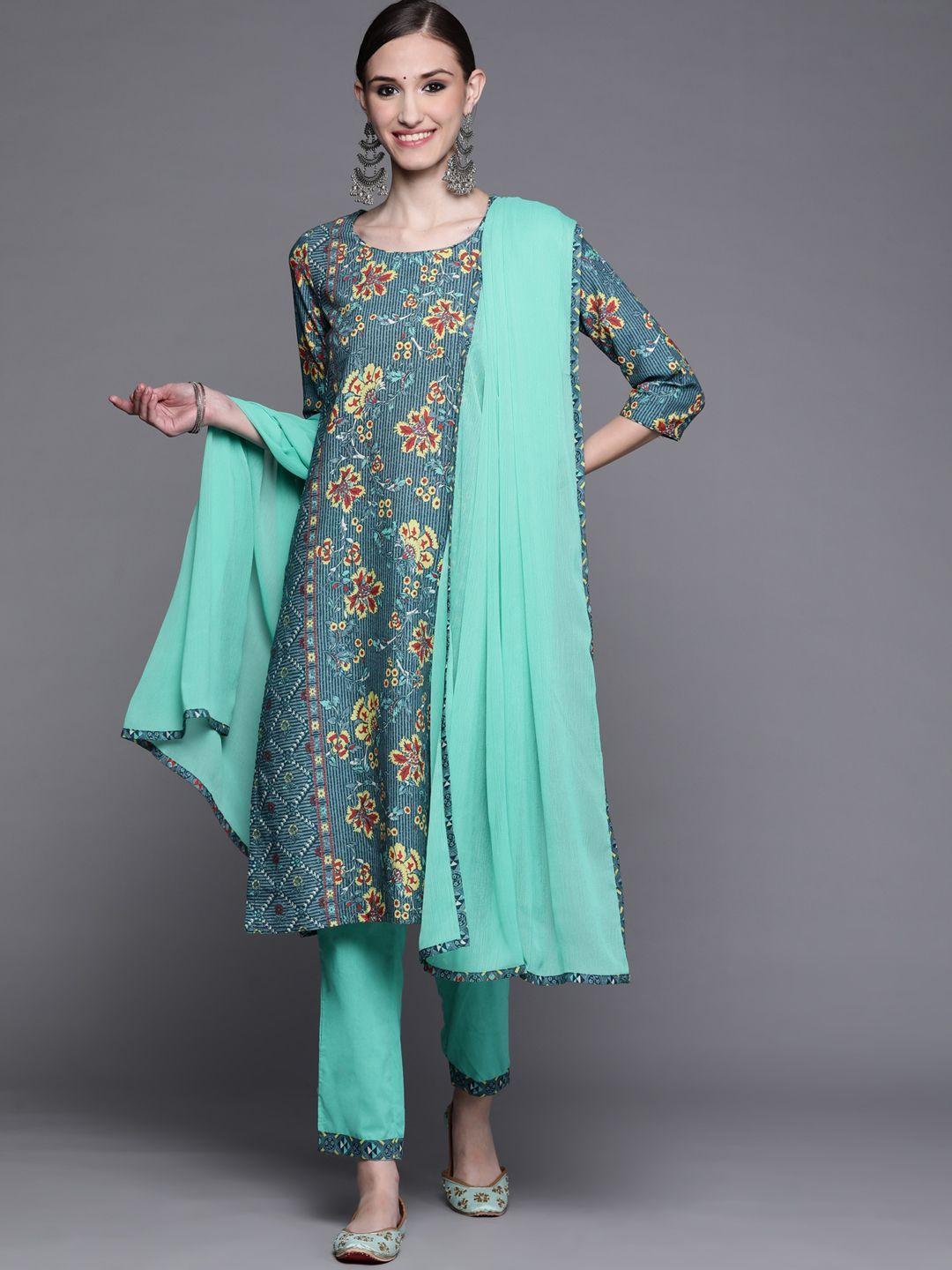 biba women blue & yellow floral print pure cotton kurta with trousers & dupatta