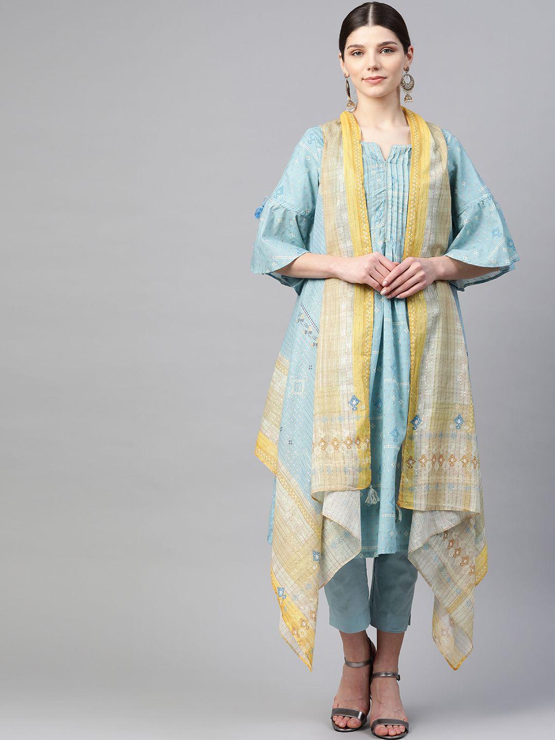 biba women blue & yellow printed kurta with trousers & shrug