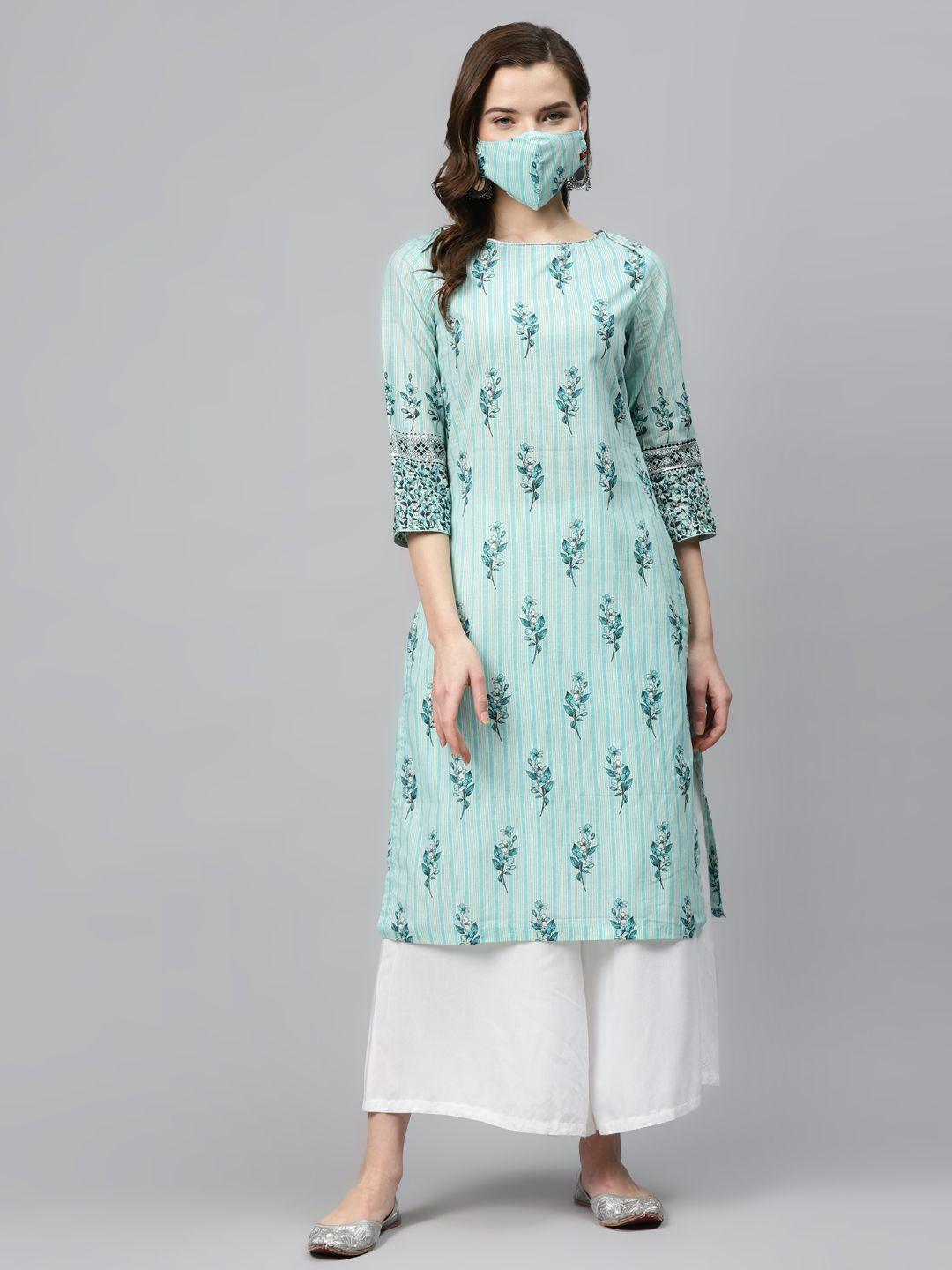 biba women blue  cream-coloured printed pure cotton straight kurta