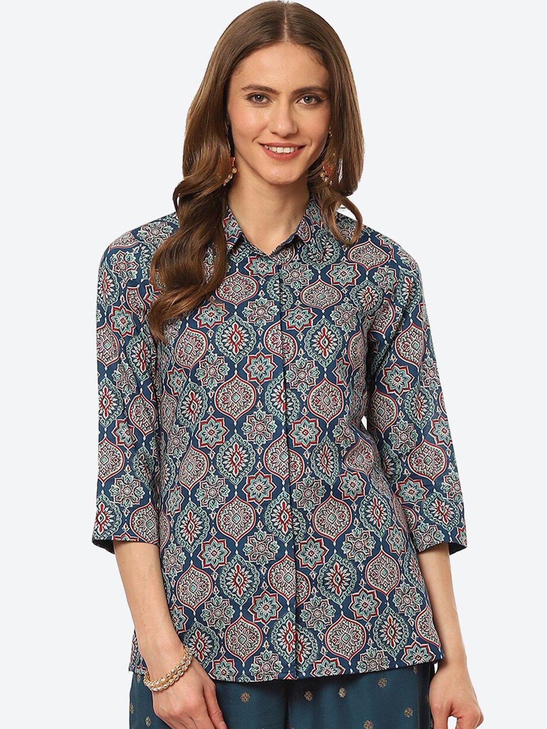 biba women blue classic printed casual cotton shirt