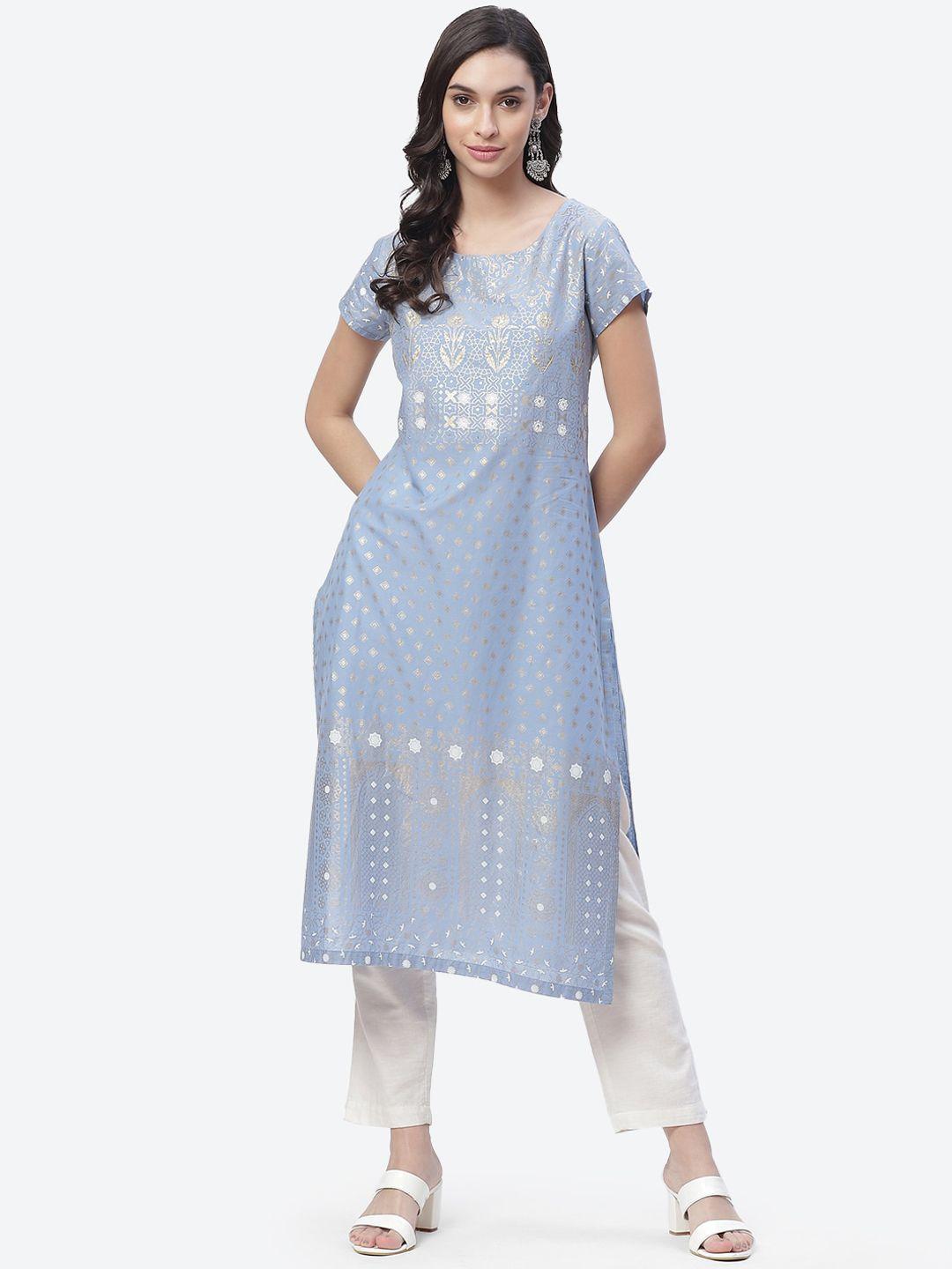 biba women blue ethnic motifs printed cotton kurta
