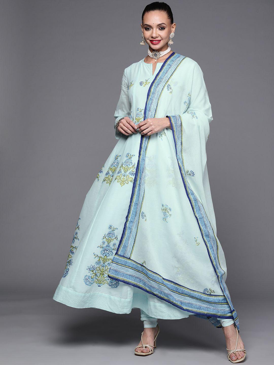 biba women blue ethnic motifs printed pleated kurta with churidar & with dupatta