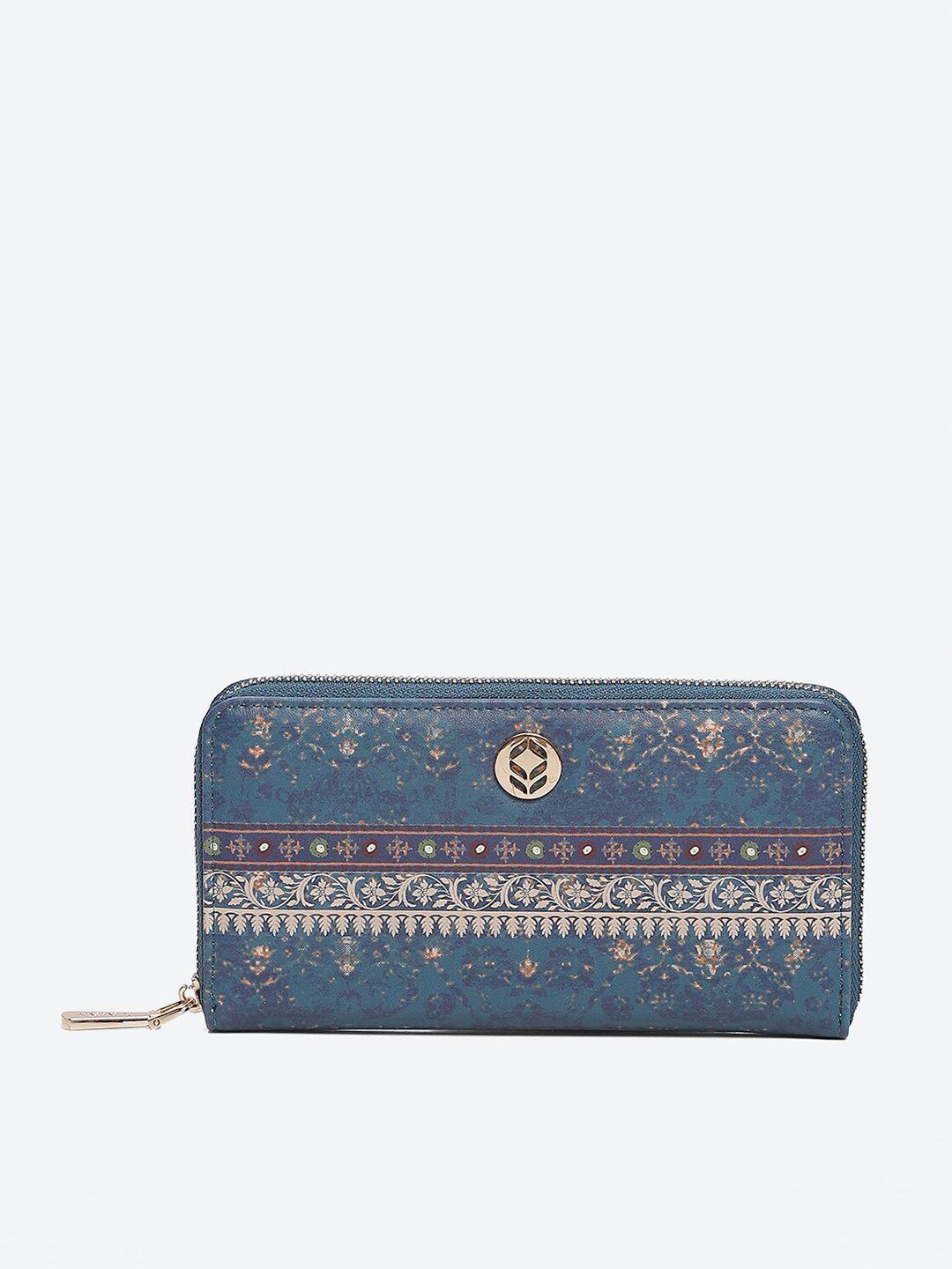 biba women blue ethnic motifs printed zip around wallet